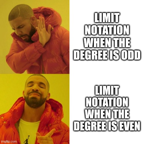 Drake Blank | limit notation when the degree is odd; limit notation when the degree is even | image tagged in drake blank | made w/ Imgflip meme maker