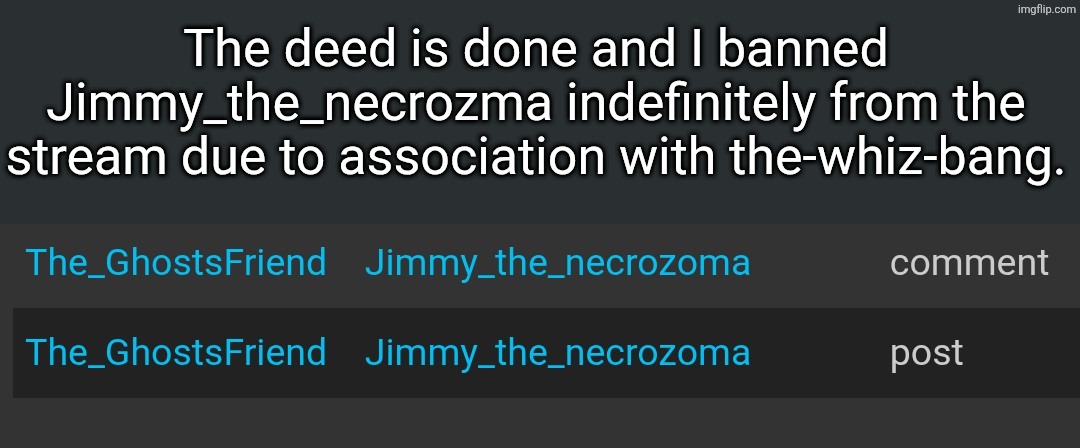 Banned necrozma | The deed is done and I banned Jimmy_the_necrozma indefinitely from the stream due to association with the-whiz-bang. | image tagged in banned | made w/ Imgflip meme maker