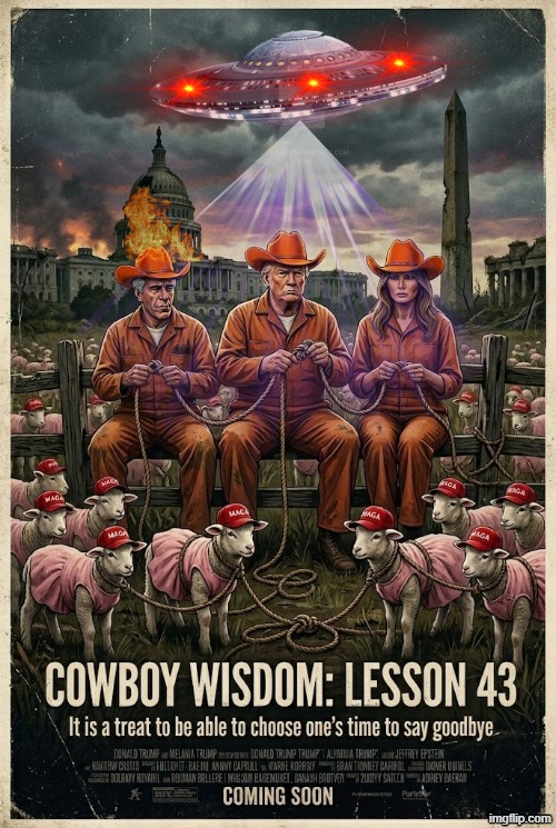 COWBOY WISDOM: LESSON 43 | image tagged in cowboy father and son,cowboy wisdom,donald trump,jeffrey epstein,melania trump,ufo | made w/ Imgflip meme maker
