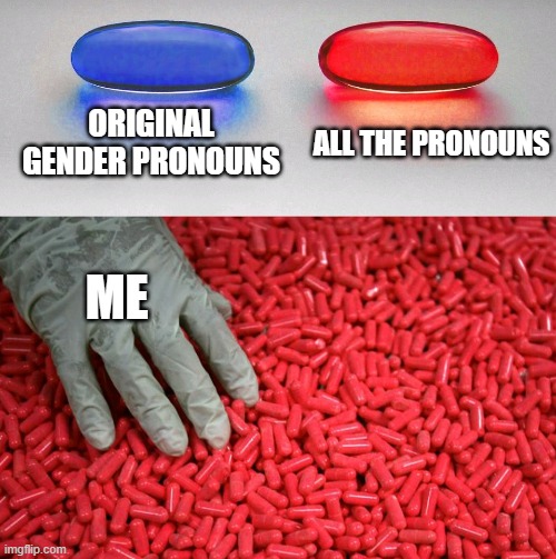 Blue or red pill | original gender pronouns; all the pronouns; me | image tagged in blue or red pill | made w/ Imgflip meme maker