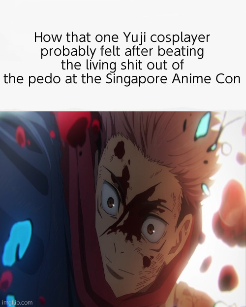 How that one Yuji cosplayer probably felt after beating the living shit out of the pedo at the Singapore Anime Con | made w/ Imgflip meme maker
