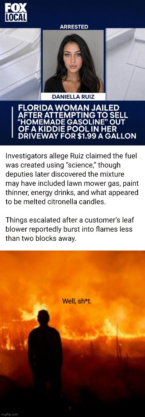 Florida Woman strikes again! | Well, sh*t. | image tagged in florida,woman,arrested,homemade,gasoline,you go girl | made w/ Imgflip meme maker