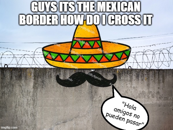 Hmmmm how to get past | guys its the mexican border how do I cross it; "Hola amigos no pueden pasar" | image tagged in memes,mexico wall,mexico,mexican,stupid | made w/ Imgflip meme maker
