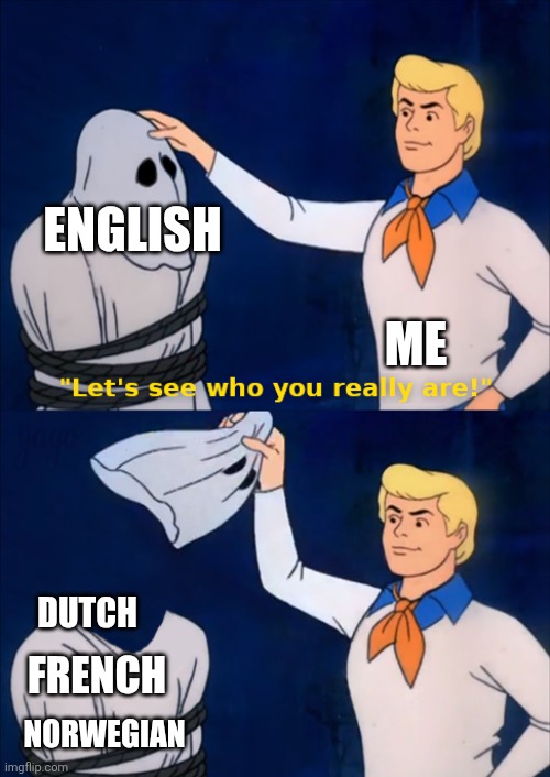It's really 3 languages in a trench coat? | English; Me; Dutch; French; Norwegian | image tagged in lets see who you really are,english,language,scooby doo,surprise | made w/ Imgflip meme maker