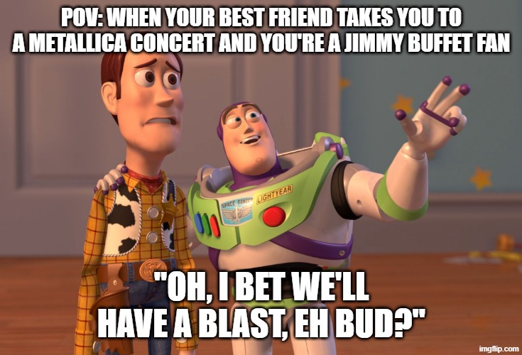 X, X Everywhere Meme | POV: When your best friend takes you to a Metallica concert and you're a Jimmy Buffet fan; "Oh, I bet we'll have a blast, eh bud?" | image tagged in memes,x x everywhere | made w/ Imgflip meme maker