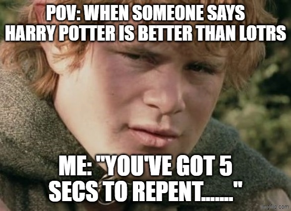 38496d6347cc9a7210b7e3cf25681e1b.jpg | POV: When someone says Harry potter is better than LOTRS; ME: "you've got 5 secs to repent......." | image tagged in 38496d6347cc9a7210b7e3cf25681e1b jpg | made w/ Imgflip meme maker