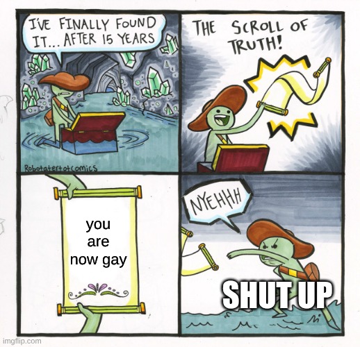 bro | you are now gay; shut up | image tagged in memes,the scroll of truth | made w/ Imgflip meme maker