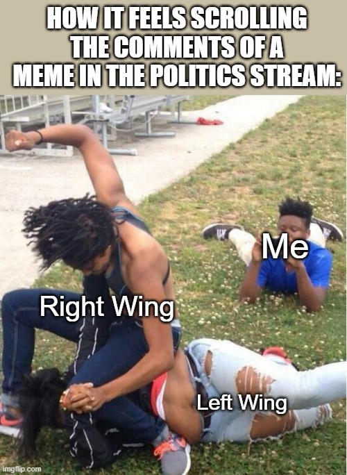 Guy recording a fight | How it feels scrolling the comments of a meme in the politics stream:; Me; Right Wing; Left Wing | image tagged in guy recording a fight,memes,funny,politics | made w/ Imgflip meme maker