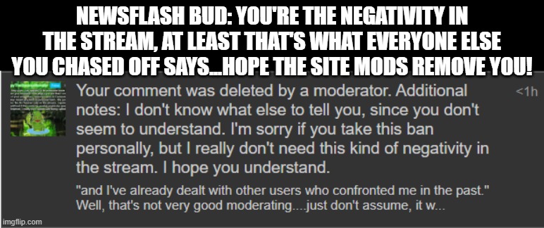 Screenshot 2026-05-12 220914.png | Newsflash bud: You're the negativity in the stream, at least that's what everyone else you chased off says...Hope the Site mods remove you! | image tagged in screenshot 2026-05-12 220914 png | made w/ Imgflip meme maker