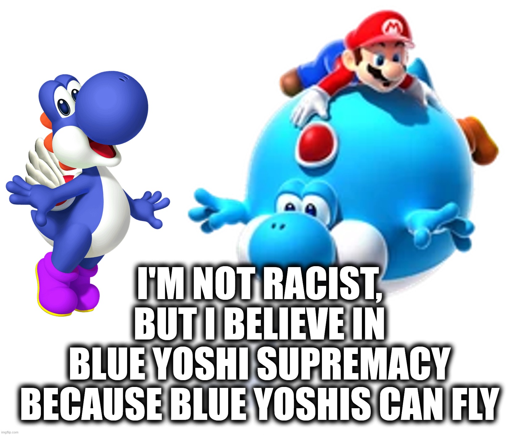 Blue Yoshi | i'm not racist,
but i believe in
blue yoshi supremacy
because blue yoshis can fly | made w/ Imgflip meme maker