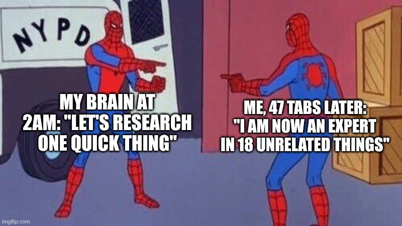 spiderman pointing at spiderman | MY BRAIN AT 2AM: "LET'S RESEARCH ONE QUICK THING"; ME, 47 TABS LATER: "I AM NOW AN EXPERT IN 18 UNRELATED THINGS" | image tagged in spiderman pointing at spiderman,remix | made w/ Imgflip meme maker