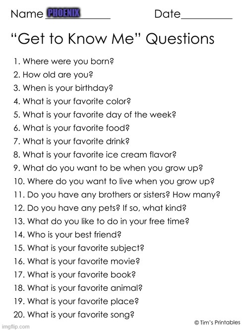 Get To Know Me | Phoenix | image tagged in get to know me | made w/ Imgflip meme maker