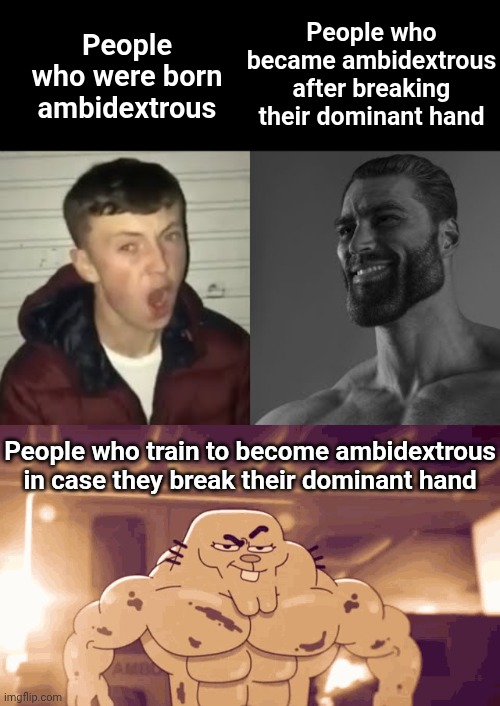 Title | People who became ambidextrous after breaking their dominant hand; People who were born ambidextrous; People who train to become ambidextrous in case they break their dominant hand | image tagged in average enjoyer meme,buff richard watterson,memes,hands | made w/ Imgflip meme maker
