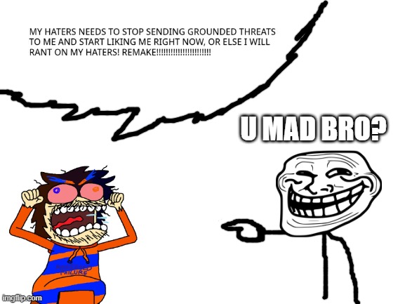 ReedAFDrawsStuff be like (parody art by JacketMarkers2023) | U mad bro? | image tagged in blank white template,reedafdrawsstuff,deviantart,manchildren,trollface,jacketmarkers2023 | made w/ Imgflip meme maker