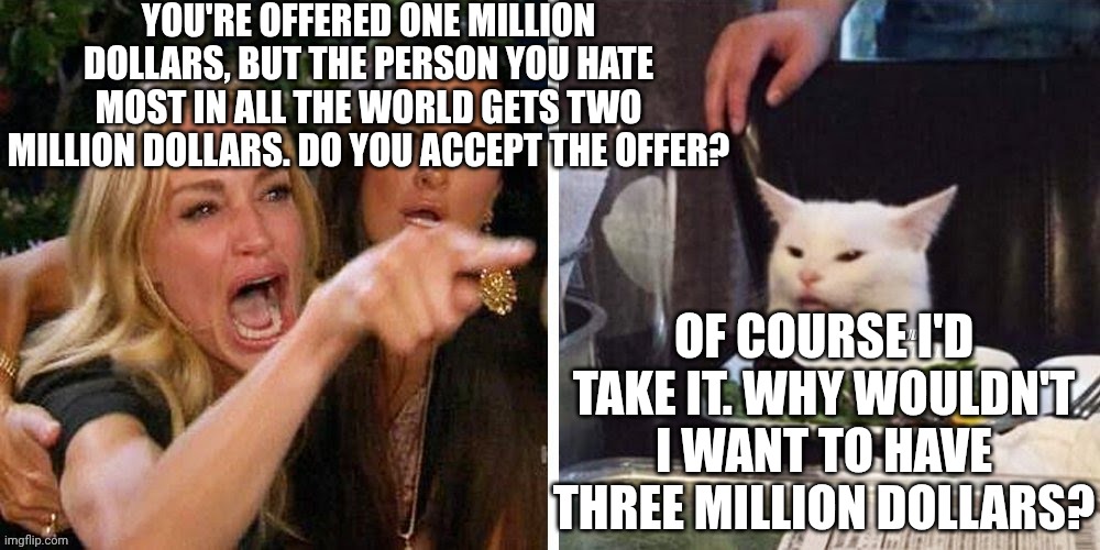 Smudge that darn cat with Karen | You're offered one million dollars, but the person you hate most in all the world gets two million dollars. Do you accept the offer? Of course I'd take it. Why wouldn't I want to have three million dollars? | image tagged in smudge that darn cat with karen | made w/ Imgflip meme maker