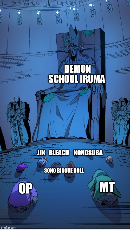 worship the lord | Demon School Iruma; JJK   Bleach    Konosuba; Sono Bisque Doll; MT; OP | image tagged in worship the lord | made w/ Imgflip meme maker