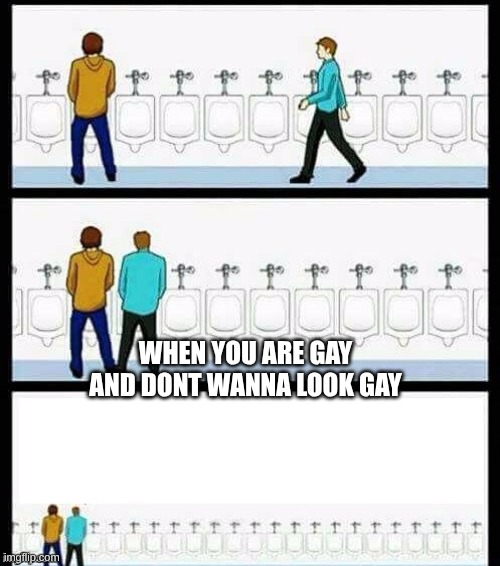 Holy WHAT | when you are gay and dont wanna look gay | image tagged in urinal guy more text room,lol | made w/ Imgflip meme maker