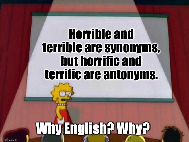 Emglish | Horrible and terrible are synonyms, but horrific and terrific are antonyms. Why English? Why? | image tagged in lisa explains,english,synonym,antonym,language | made w/ Imgflip meme maker