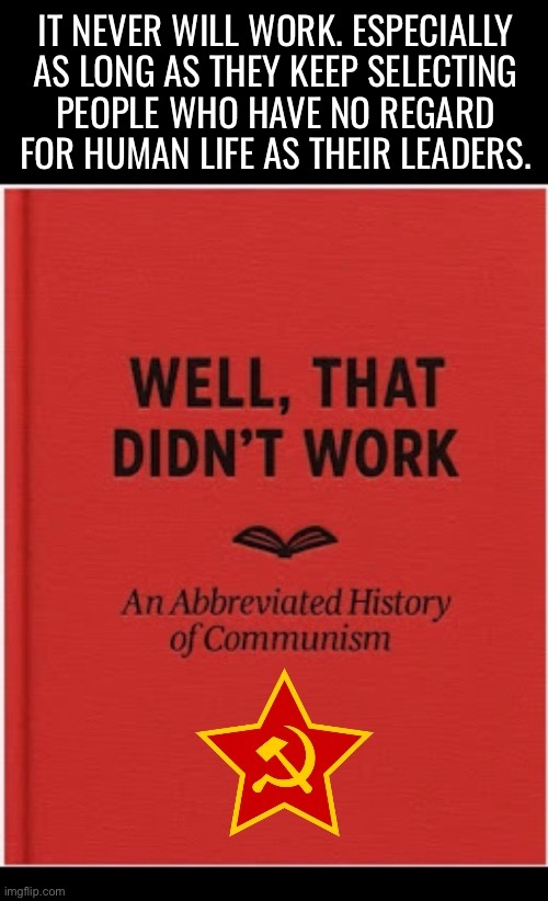 They never deliver on the promises that they make to the proletariat | It never will work. Especially 
As long as they keep selecting 
People who have no regard 
for Human life as their leaders. | image tagged in anti communists,that didnt work,abbreviated,history,dictators,anti human | made w/ Imgflip meme maker