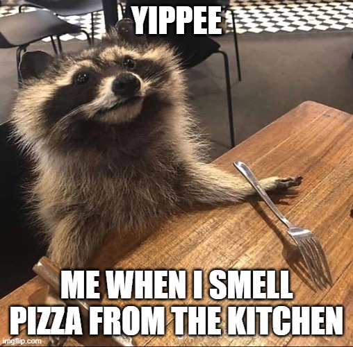 Here's Johny | yippee; ME when I smell pizza from the kitchen | image tagged in hungry racoon | made w/ Imgflip meme maker