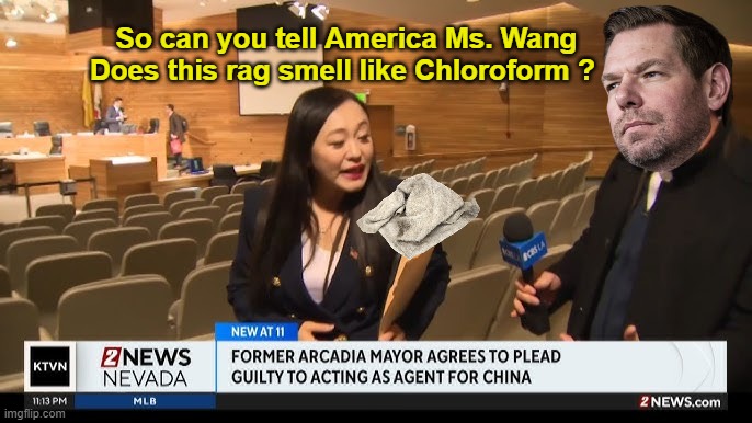 Swallow just cannot help himself | So can you tell America Ms. Wang
Does this rag smell like Chloroform ? | image tagged in ca mayor eileen wang chinese spy swallwell meme | made w/ Imgflip meme maker
