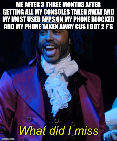 Grades | Me after 3 three months after getting all my consoles taken away and my most used apps on my phone blocked and my phone taken away cus I got 2 F's | image tagged in what did i miss,school | made w/ Imgflip meme maker