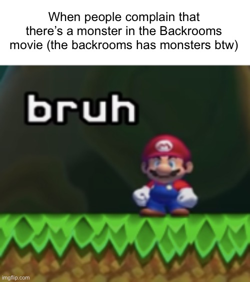 What did you really expect though? | When people complain that there’s a monster in the Backrooms movie (the backrooms has monsters btw) | image tagged in mario bruh | made w/ Imgflip meme maker