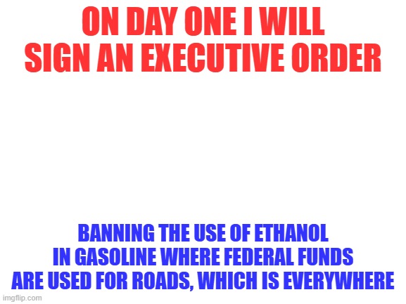 Blank White Template | On day One I will sign an Executive Order; banning the use of ethanol in gasoline where federal funds are used for roads, which is everywhere | image tagged in blank white template | made w/ Imgflip meme maker