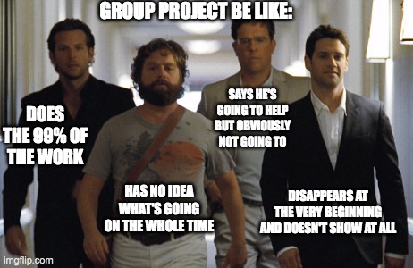 Hangover guys | group project be like:; says he's going to help but obviously not going to; Does the 99% of the work; has no idea what's going on the whole time; disappears at the very beginning and doesn't show at all | image tagged in hangover guys | made w/ Imgflip meme maker