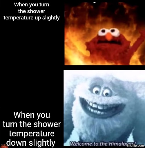 You have to find the right temperature, but it's a whole task. | When you turn the shower temperature up slightly; When you turn the shower temperature down slightly | image tagged in hot and cold,remix,cold,hot,why are you reading this,stop reading the tags | made w/ Imgflip meme maker