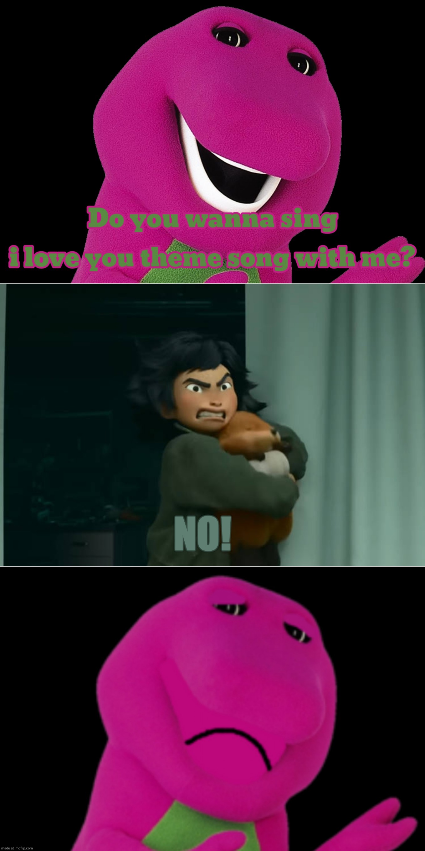 Mabel Tanaka Says No to Barney | No! | image tagged in who says no to barney,deviantart,barney the dinosaur,hoppers,disney,pixar | made w/ Imgflip meme maker