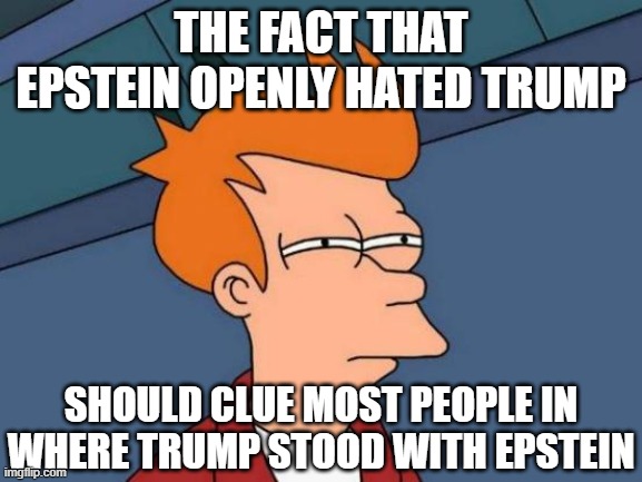 Futurama Fry Meme | the fact that Epstein openly hated Trump should clue most people in where Trump stood with Epstein | image tagged in memes,futurama fry | made w/ Imgflip meme maker