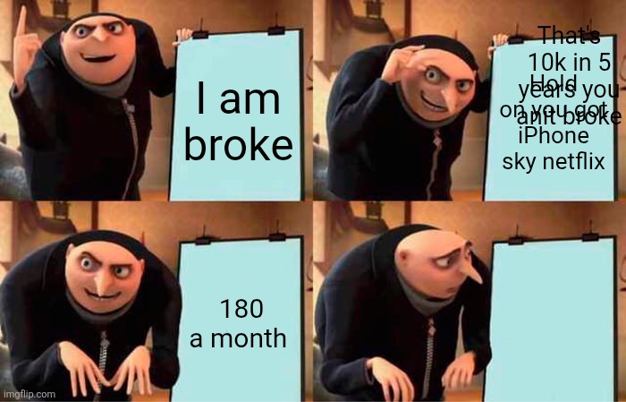 Broke | That's 10k in 5 years you anit broke; I am broke; Hold on you got iPhone sky netflix; 180 a month | image tagged in memes,gru's plan | made w/ Imgflip meme maker
