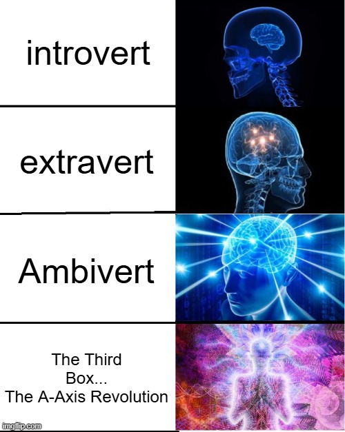 the moment the system expands | introvert; extravert; Ambivert; The Third Box...
The A-Axis Revolution | image tagged in galaxy brain,galaxy,theory,mbti,personality,revolution | made w/ Imgflip meme maker