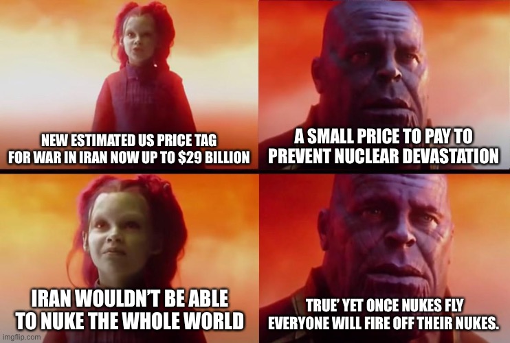 Reality Check | New estimated US price tag for war in Iran now up to $29 billion; A small price to pay to prevent nuclear devastation; Iran wouldn’t be able to nuke the whole world; True’ yet once nukes fly everyone will fire off their nukes. | image tagged in thanos what did it cost | made w/ Imgflip meme maker