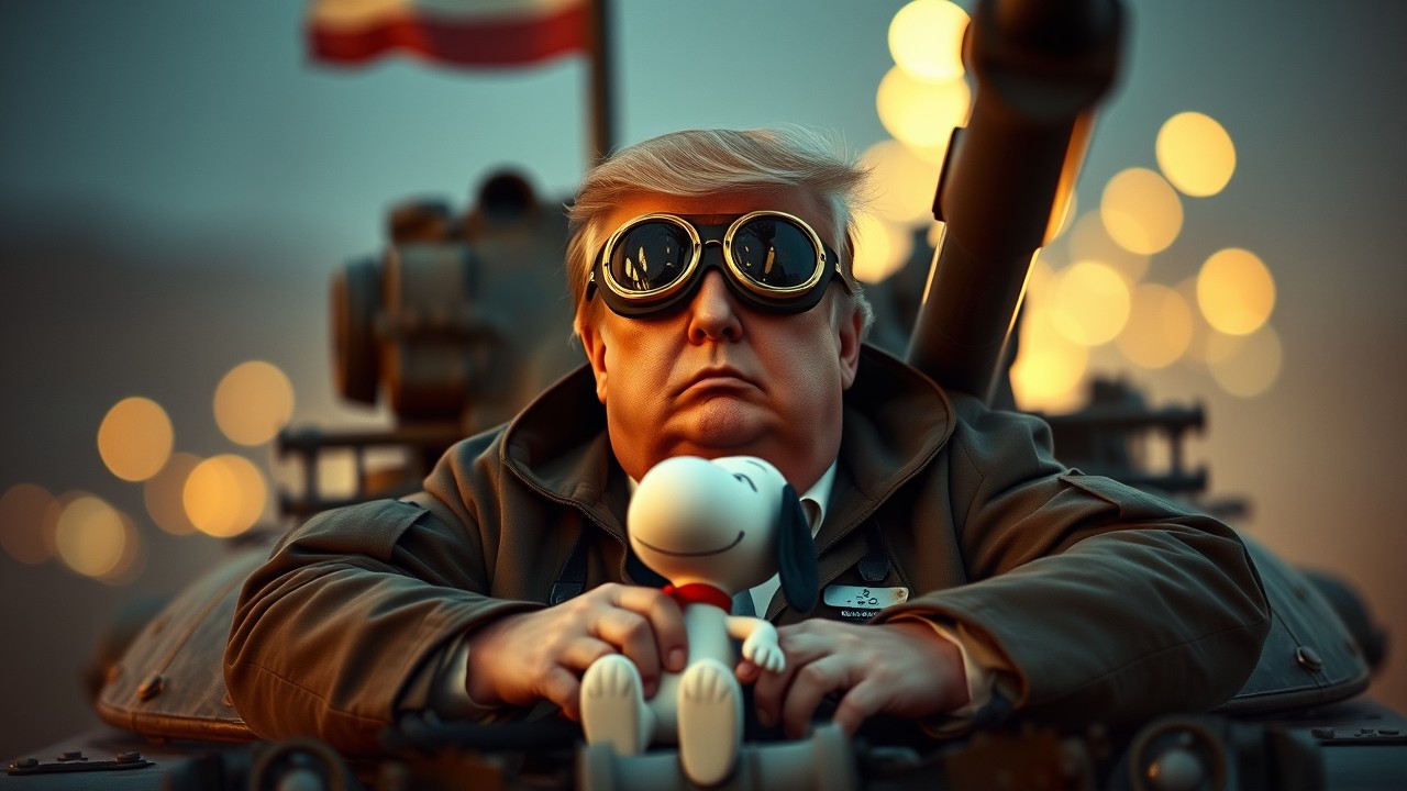 Trump the Iran War President drives a tank with Snoopy Blank Meme Template