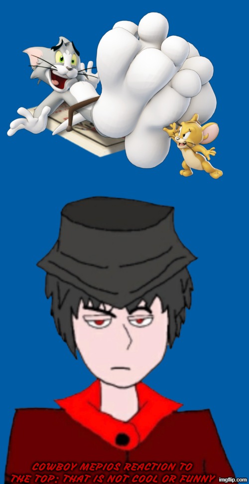 Mepios is giga chad | cowboy mepios reaction to the top: that is not cool or funny | image tagged in jerry tickles tom,transparent mepios prohibited i,cowboy,mepios,tom and jerry | made w/ Imgflip meme maker