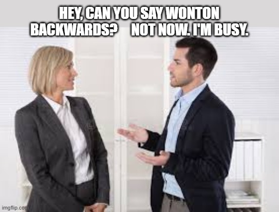 Can you say the word "wonton" backwards?     Not now, I'm busy. | Hey, can you say wonton backwards?     not now. i'm busy. | image tagged in funny,humor,play on words,riddle,joke | made w/ Imgflip meme maker