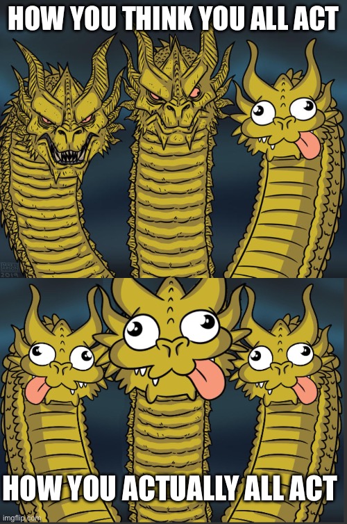 Just staying active | How you think you all act; How you actually all act | image tagged in three-headed dragon | made w/ Imgflip meme maker