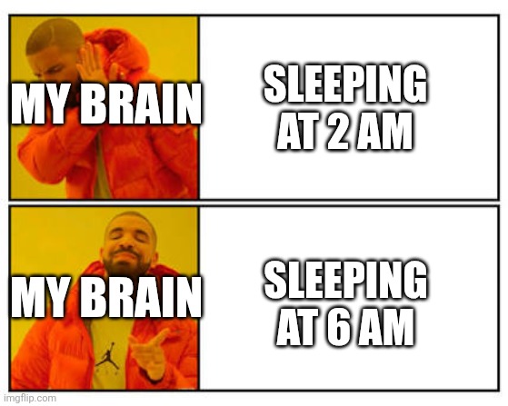 No - Yes | Sleeping at 2 am; My Brain; Sleeping at 6 am; My Brain | image tagged in no - yes,remix | made w/ Imgflip meme maker