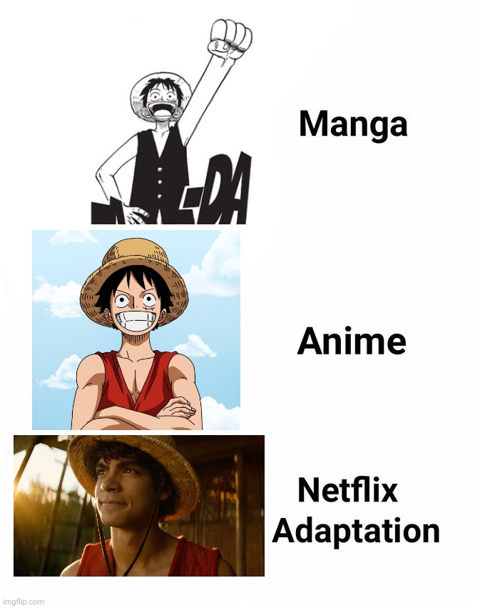 Manga, Anime, Netflix adaption | image tagged in manga anime netflix adaption,anti meme,anime,one piece,luffy | made w/ Imgflip meme maker