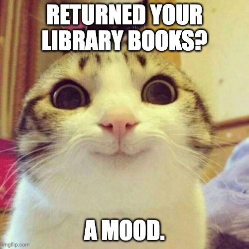 Returned library books | Returned Your Library Books? A mood. | image tagged in memes,smiling cat | made w/ Imgflip meme maker