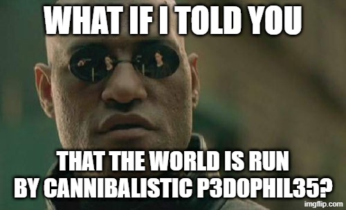 What if I Told You? | What if I told you; that the world is run by cannibalistic p3d0phil35? | image tagged in memes,matrix morpheus,world | made w/ Imgflip meme maker