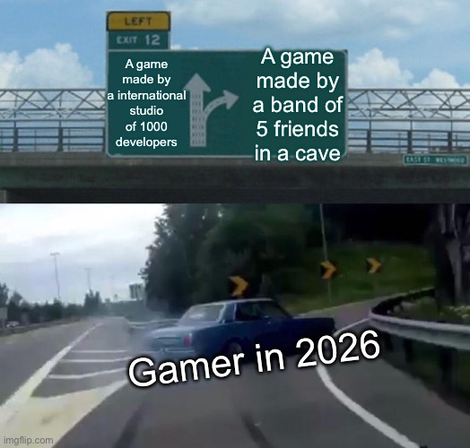 Indie game destroy every gaming industry | A game made by a international studio of 1000 developers; A game made by a band of 5 friends in a cave; Gamer in 2026 | image tagged in memes,left exit 12 off ramp,gaming,indie game,fun,2026 | made w/ Imgflip meme maker
