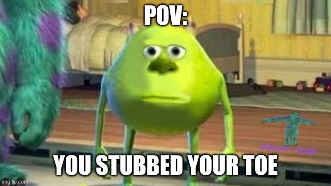 Last meme, goodbye for a couple months | POv:; you stubbed your toe | image tagged in mike wazowski meme,memes,funny,relatable | made w/ Imgflip meme maker