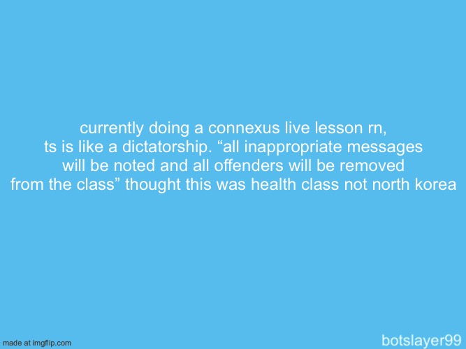 botslayer announcement temp | currently doing a connexus live lesson rn, ts is like a dictatorship. “all inappropriate messages will be noted and all offenders will be removed from the class” thought this was health class not north korea | image tagged in botslayer announcement temp | made w/ Imgflip meme maker