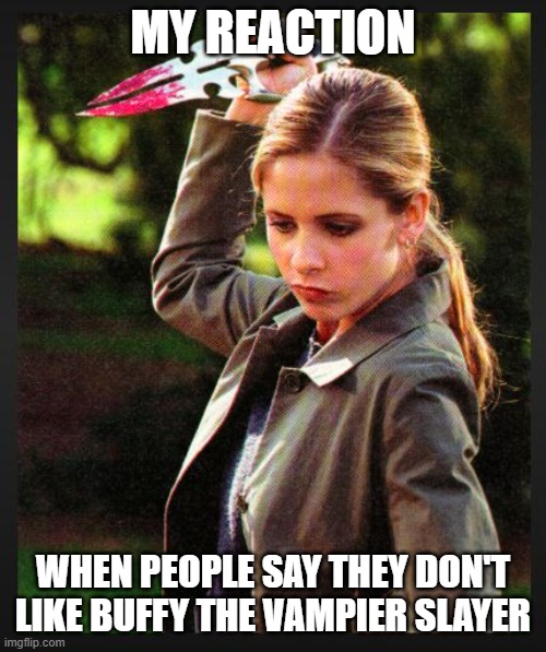 People who don't like Buffy | My reaction; When people say they don't like Buffy the vampier slayer | image tagged in buffy knife | made w/ Imgflip meme maker