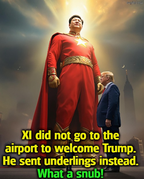 China's XI and America's Trump. We lost that one. | XI did not go to the airport to welcome Trump. He sent underlings instead. What a snub! | image tagged in china's xi and america's trump we lost that one | made w/ Imgflip meme maker