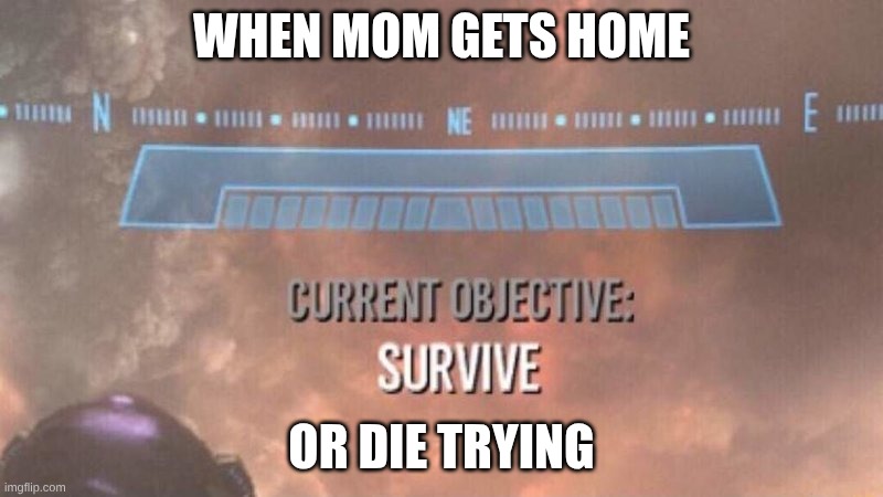 Current Objective: Survive | when Mom gets home; or die trying | image tagged in current objective survive | made w/ Imgflip meme maker