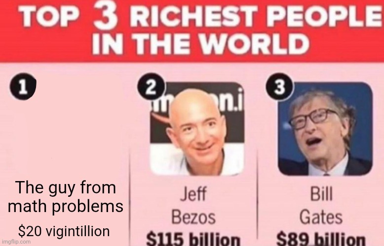 Top 3 richest people in the world | The guy from math problems; $20 vigintillion | image tagged in top 3 richest people in the world | made w/ Imgflip meme maker